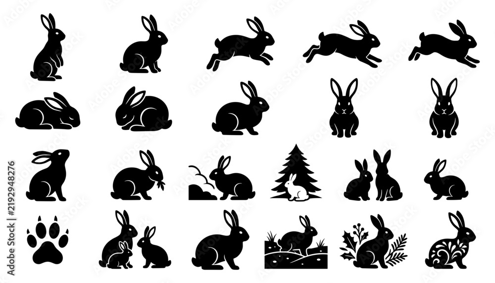Fototapeta premium Rabbit Icons Set with Various Poses, Actions, and Paw Prints