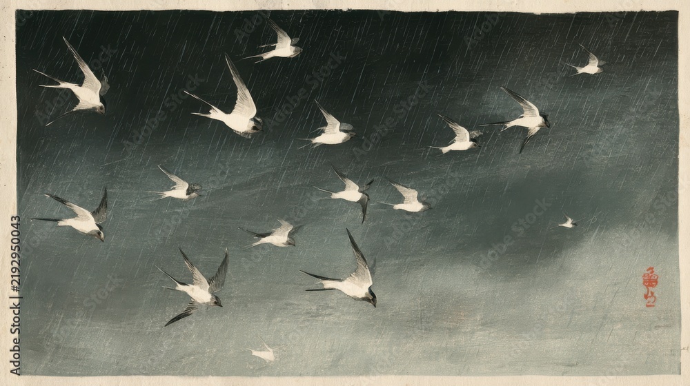 Obraz premium Japanese woodblock art, a flock of white swallows flying across a rainy sky, minimalist and poetic