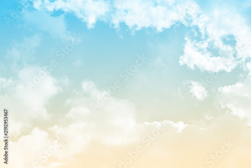 Pastel sky blue green yellow with white cloud. Fantasy background. Summer Spring backdrop. Beautiful colourful nature sky.
