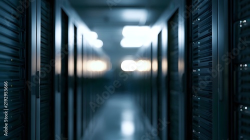 A long corridor of server racks in a data center with bright overhead lights and a shallow depth of field