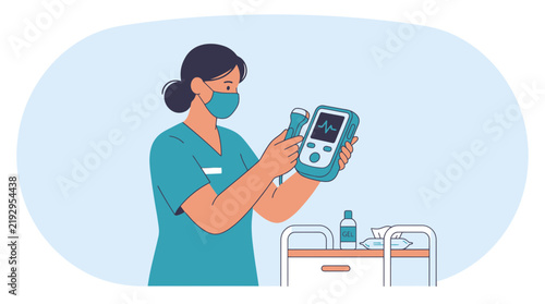Nurse holding medical device with heartbeat on screen, isolated on transparent background
