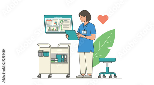 Nurse Holding Tablet by Medical Cart and Health Chart