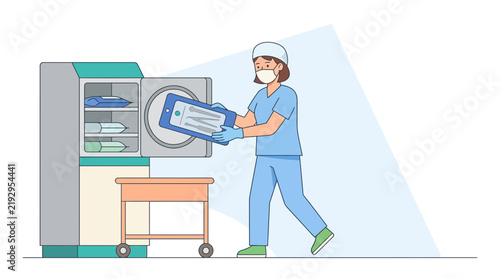 Nurse loading sterile instruments into medical autoclave
