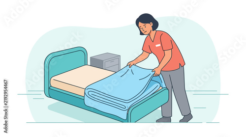 Nurse making bed in hospital room, healthcare illustration