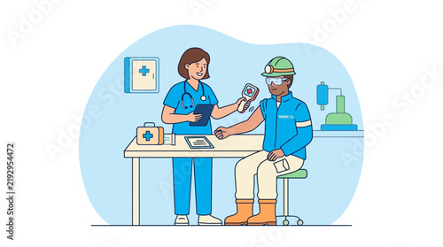 Nurse measures blood pressure of construction worker, healthcare concept