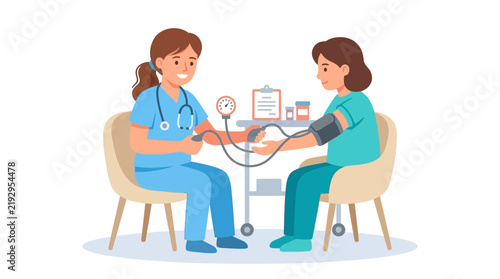 Nurse measuring patient's blood pressure, medical check-up, isolated on transparent background