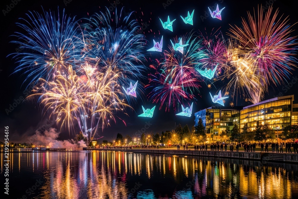 Obraz premium Colorful Fireworks And Glowing Origami Cranes Over City Waterfront