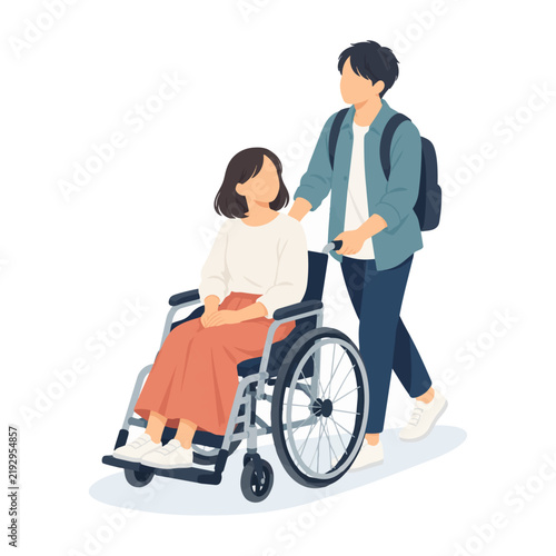 車椅子の人に付き添う日本人女性