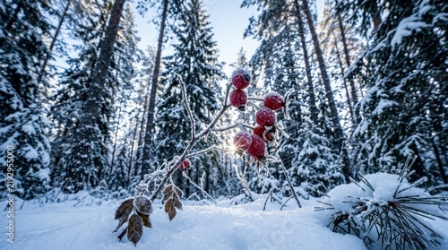 Winter forest with snow covered rose hips