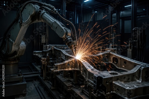 Sparks showering from a robotic welding cell in a factory