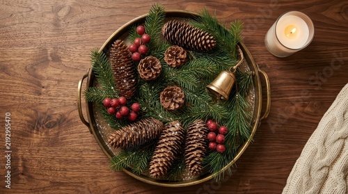 Christmas decoration with pine cones and candle