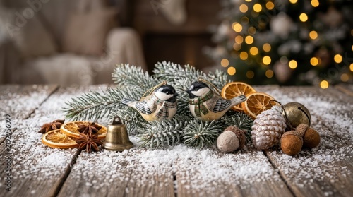 Christmas decorations with birds and pine cones