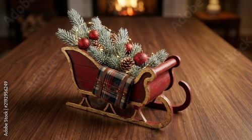 Christmas sleigh decoration with pine branches and baubles
