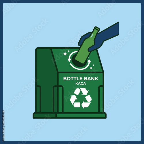 Hand placing a glass bottle into a recycling bin.