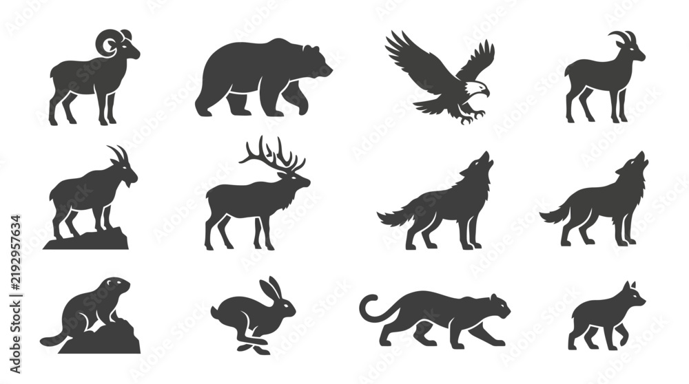 Obraz premium Mountain wildlife icons with wild mammal and bird silhouettes.