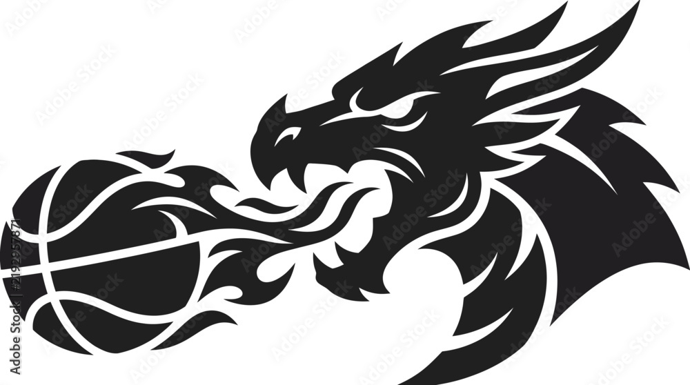 Fototapeta premium Black dragon head mascot logo with a flaming basketball graphic for sports teams and competitive gaming tournaments
