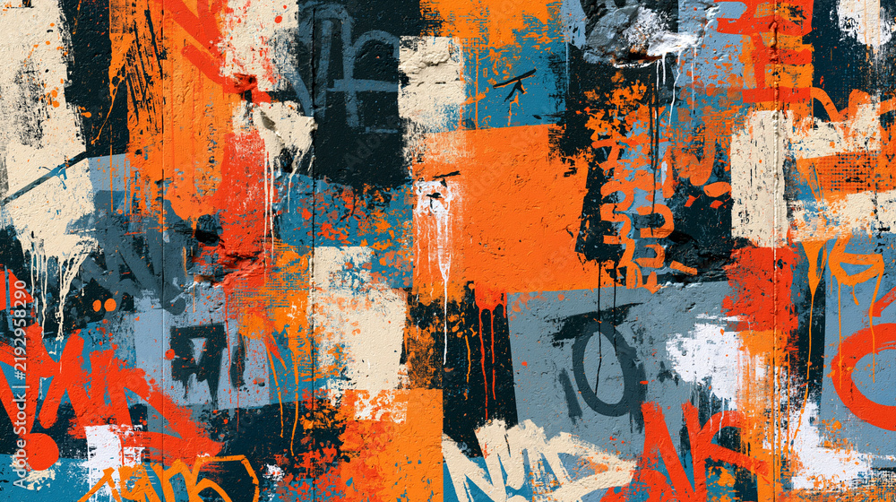 Obraz premium Abstract graffiti wall background featuring vibrant orange, blue, and black paint splashes with distressed texture. Perfect design element for urban street style projects and modern art banners.