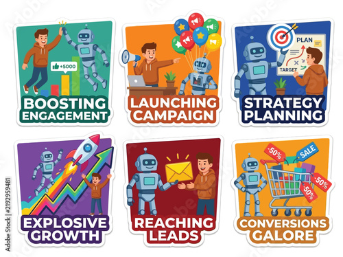 AI Marketing Campaign Assistant Human Collaboration Sticker Sheet, 6 Cartoon Vector Marketer Stickers