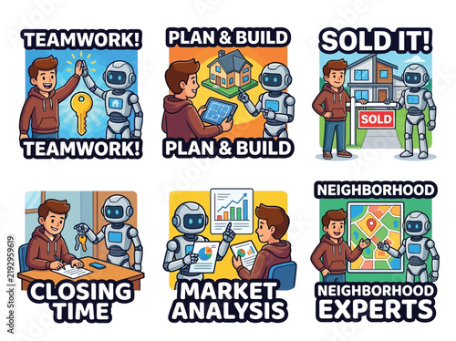 AI Real Estate Assistant Human Collaboration Sticker Sheet, 6 Cartoon Vector Property Stickers