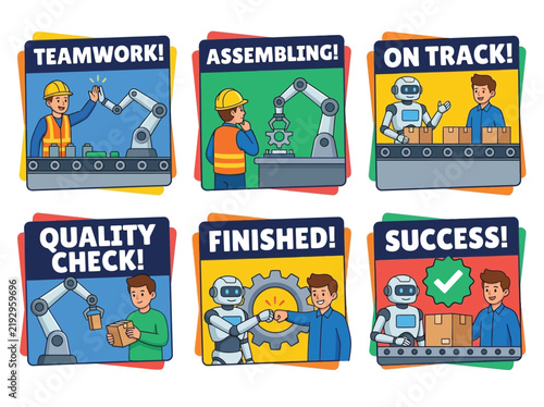 AI Robotics Factory Collaboration Sticker Sheet, 6 Cartoon Vector Industrial Worker Stickers