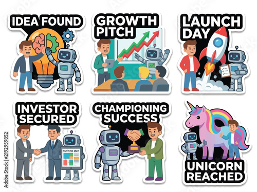 AI Startup Pitch Business Planning Assistant Sticker Sheet, 6 Cartoon Vector Entrepreneur Stickers