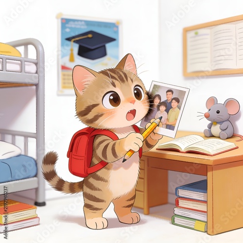 A Cats First Day at College  comedy emotional moments on white background 