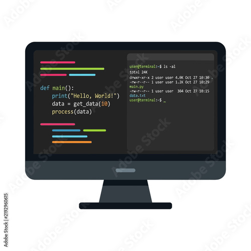 Computer monitor displaying code and terminal interface.