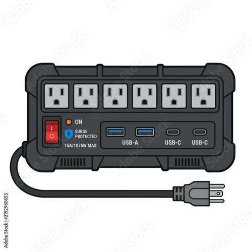 Power strip with multiple electrical outlets and USB ports.