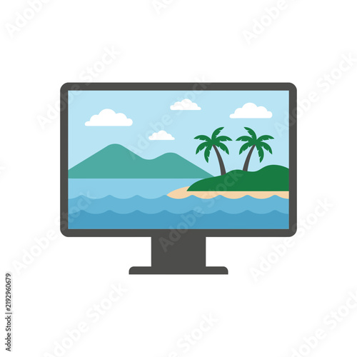 Computer monitor displaying a tropical island scene with palm trees.