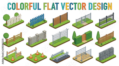 Isometric vector illustration of various fence types and construction barriers