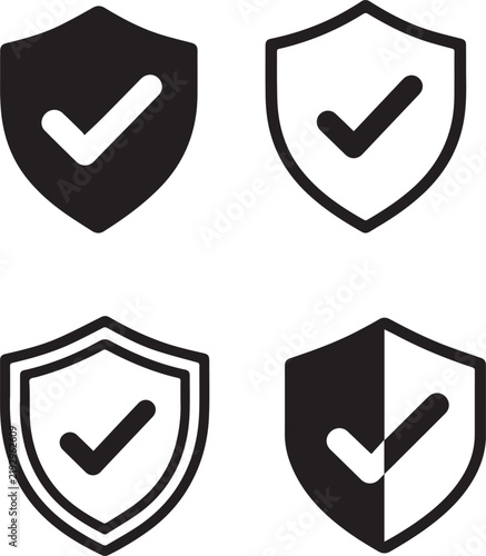 Security Shield Checkmark Icon Set, Secure Protection and Verification Symbols for Cybersecurity and Data Safety
