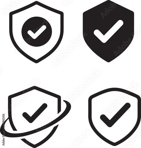 Security Shield Checkmark Icon Set, Protection and Verification Symbols for Cybersecurity, Safety and Trust