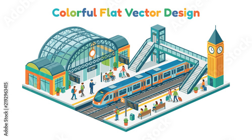 Isometric vector illustration depicts a colorful train station with passengers and tracks