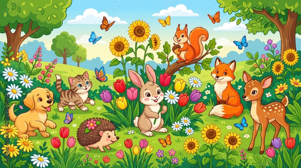 Fototapeta premium Cute safari and woodland animals with babies in floral forest background, adorable elephant bear fox rabbit illustration for nursery wall art.