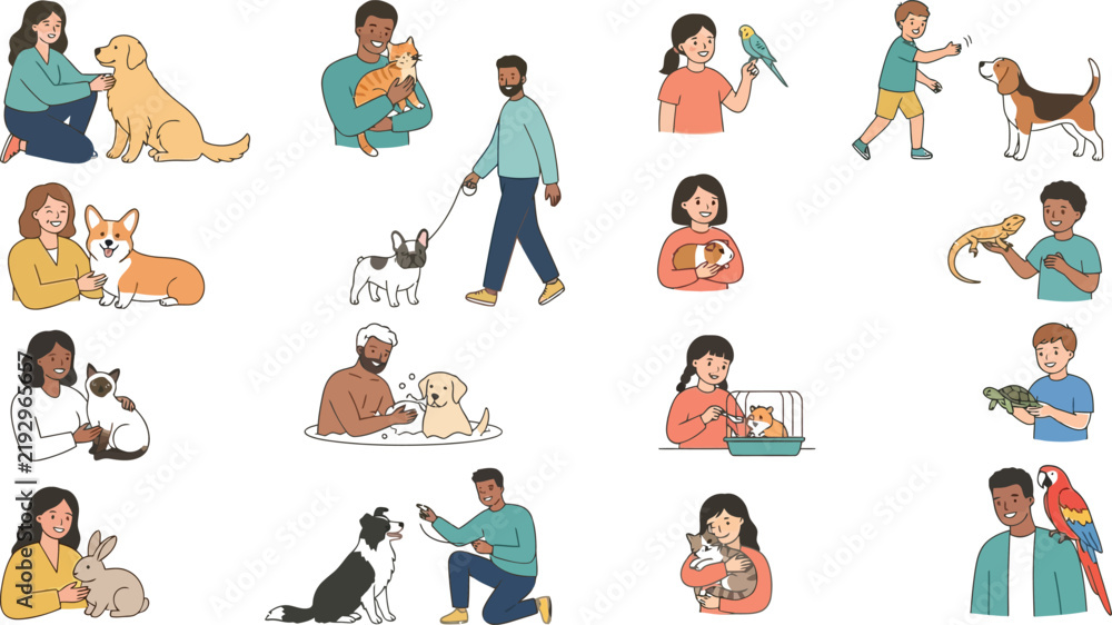 Fototapeta premium Diverse people with various pets including dogs cats birds and reptiles vector illustration set