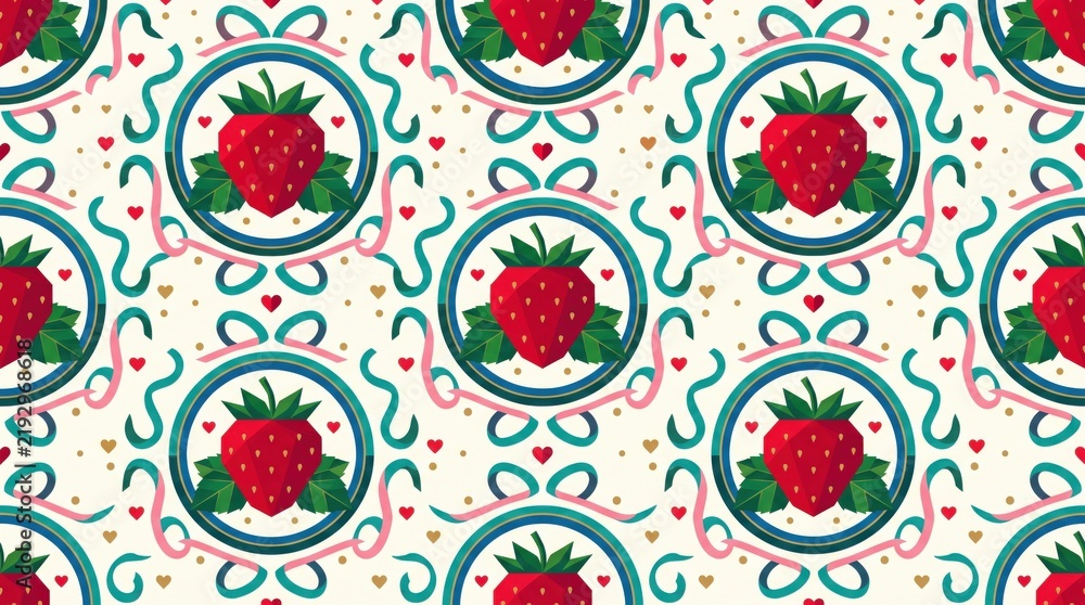 Cute strawberry seamless pattern with ribbons, pink hearts, and flowers, sweet fruit background for kids clothing, fabric design, and packaging.