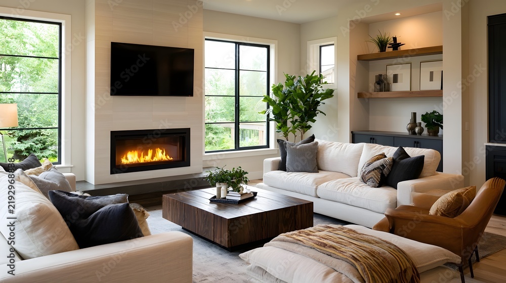 Obraz premium Modern living room with fireplace large and comfortable seating arranged for relaxation and conversation