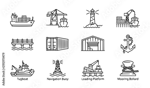 Harbor infrastructure and cargo shipping outline icon collection