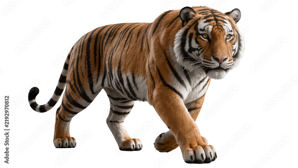 Obraz premium Majestic tiger walking forward, isolated on transparent background