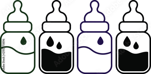 Four baby bottles with different colored milk drops