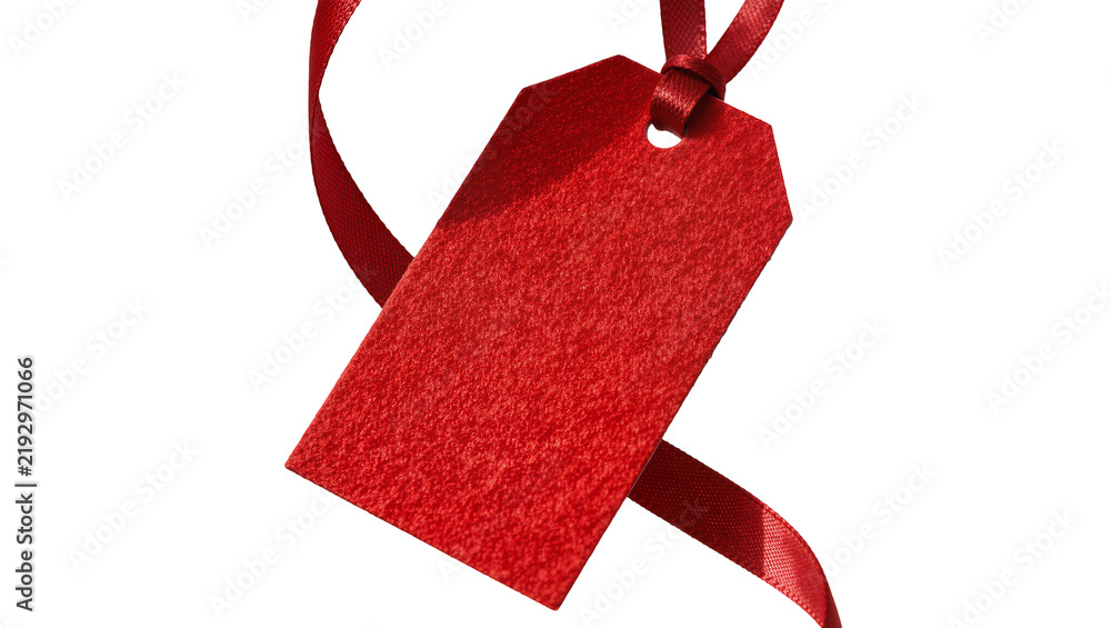 Obraz premium Textured red gift tag with satin ribbon, isolated on transparent background