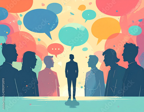Group of People Surrounding One Individual With Speech Bubbles Representing Mobbing in Corporate Culture And Workplace Harassment Dynamics