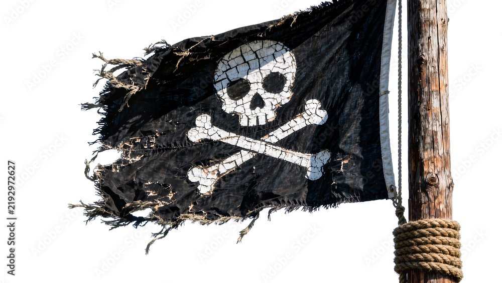 Fototapeta premium Tattered black pirate flag with skull and crossbones, isolated on transparent background