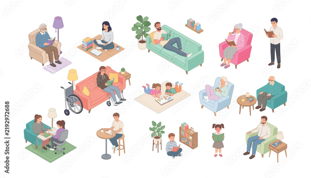 Fototapeta premium People of different ages reading books vector illustration set featuring diverse characters sitting relaxing and learning isolated.