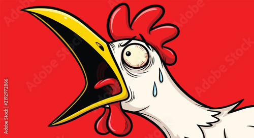 Funny cartoon illustration of a panicked screaming white chicken with a red background.