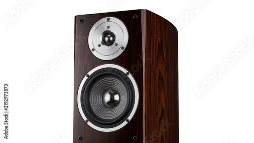 Fotografie Glossy dark wood bookshelf speaker with silver accents, isolated on transparent