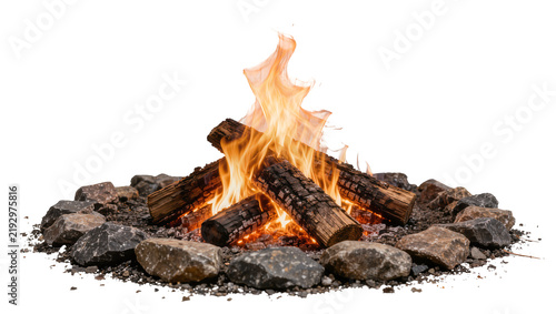 Obraz na płótnie Burning logs in a stone fire pit, isolated on transparent background