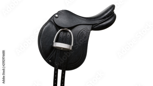 Foto Black leather equestrian saddle with metal stirrup, isolated on transparent back