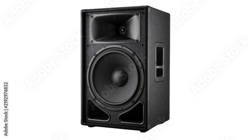 Принти на полотні Black professional audio speaker with large woofer and horn tweeter, isolated on