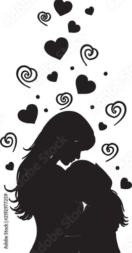 Silhouette of a loving mother holding her child surrounded by floating hearts with silhouette parenting maternity affection happiness nurturing devotion connection maternal together